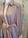 Geo Print Satin Tie Waist Button Down Shirt Dress