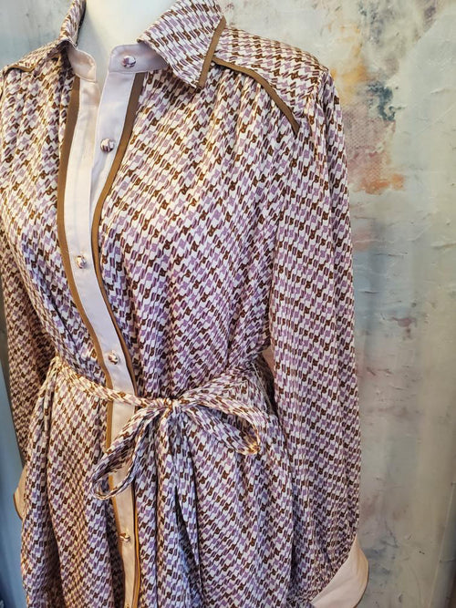 Geo Print Satin Tie Waist Button Down Shirt Dress