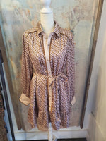 Geo Print Satin Tie Waist Button Down Shirt Dress