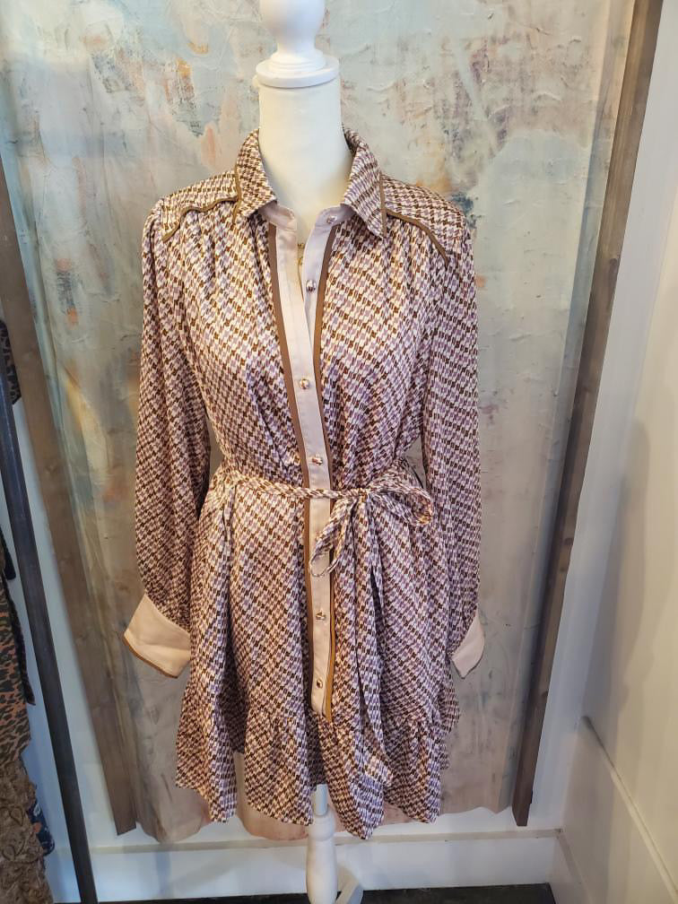 Geo Print Satin Tie Waist Button Down Shirt Dress