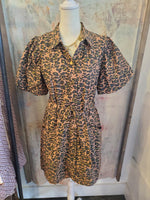 Animal Print Short Sleeve Belted Dress with Pockets