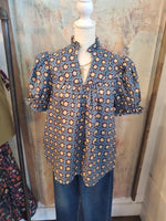 Teal Brown Floral Short Sleeve Top