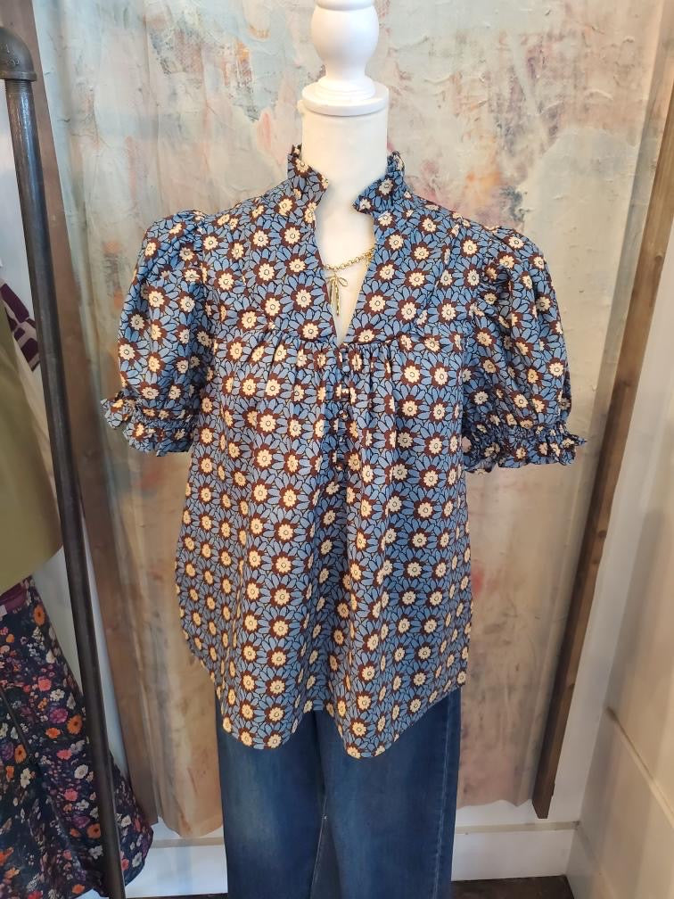Teal Brown Floral Short Sleeve Top
