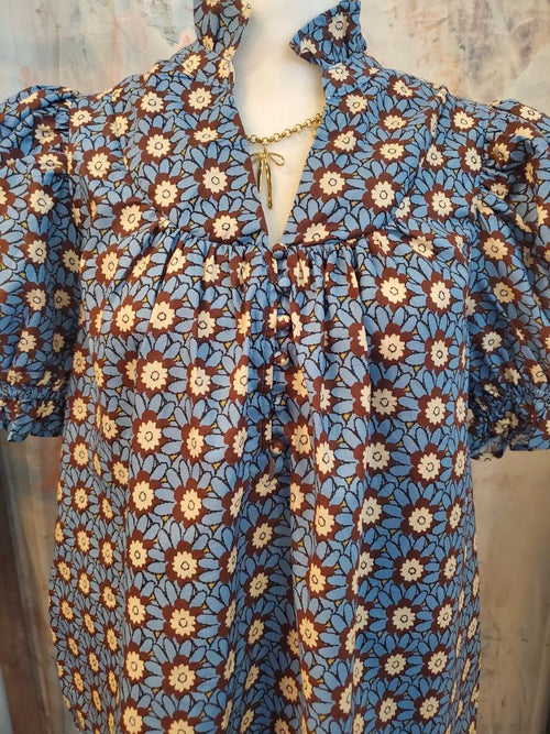 Teal Brown Floral Short Sleeve Top