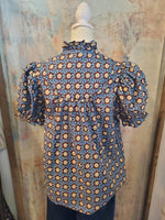 Teal Brown Floral Short Sleeve Top