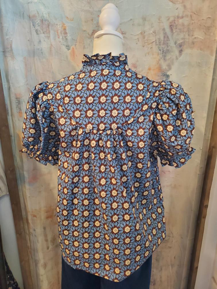 Teal Brown Floral Short Sleeve Top