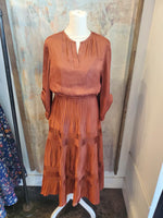 Split Neck Long Sleeve with Pleat Skirt Detail Dress
