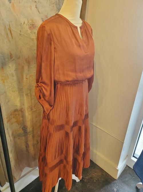 Split Neck Long Sleeve with Pleat Skirt Detail Dress