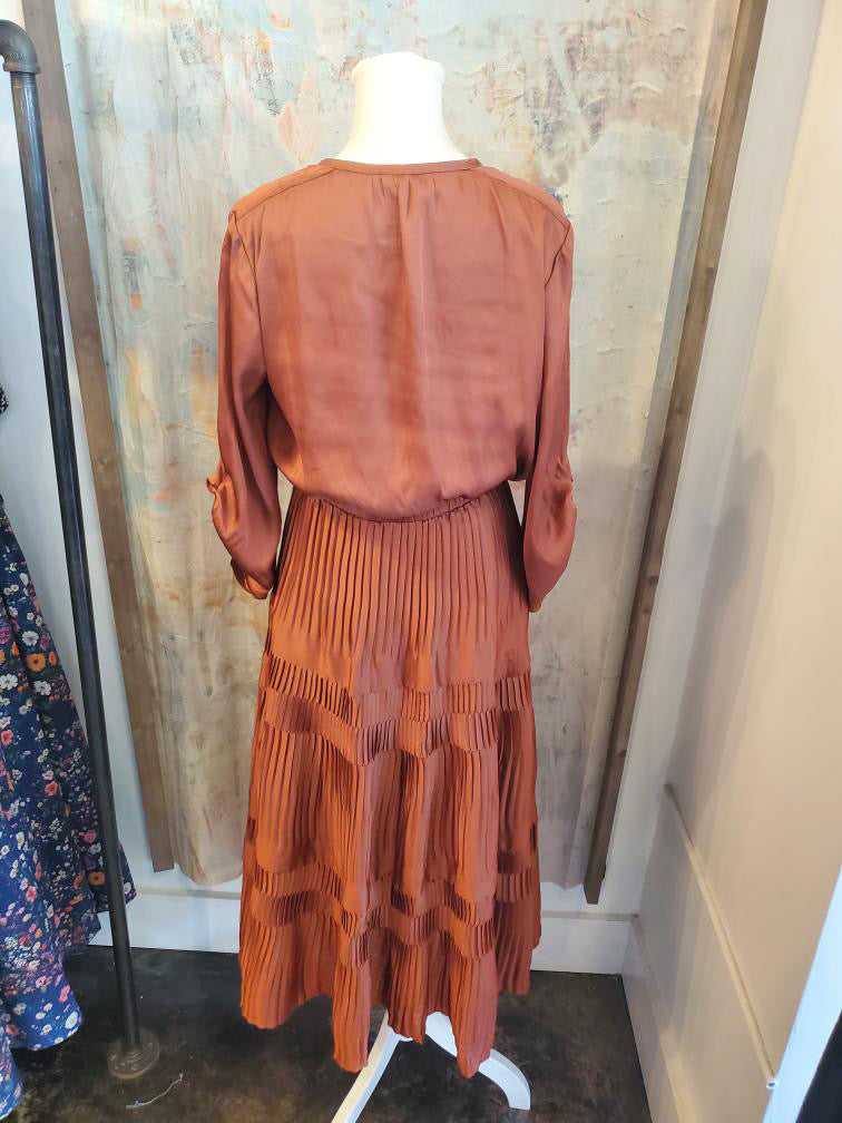 Split Neck Long Sleeve with Pleat Skirt Detail Dress