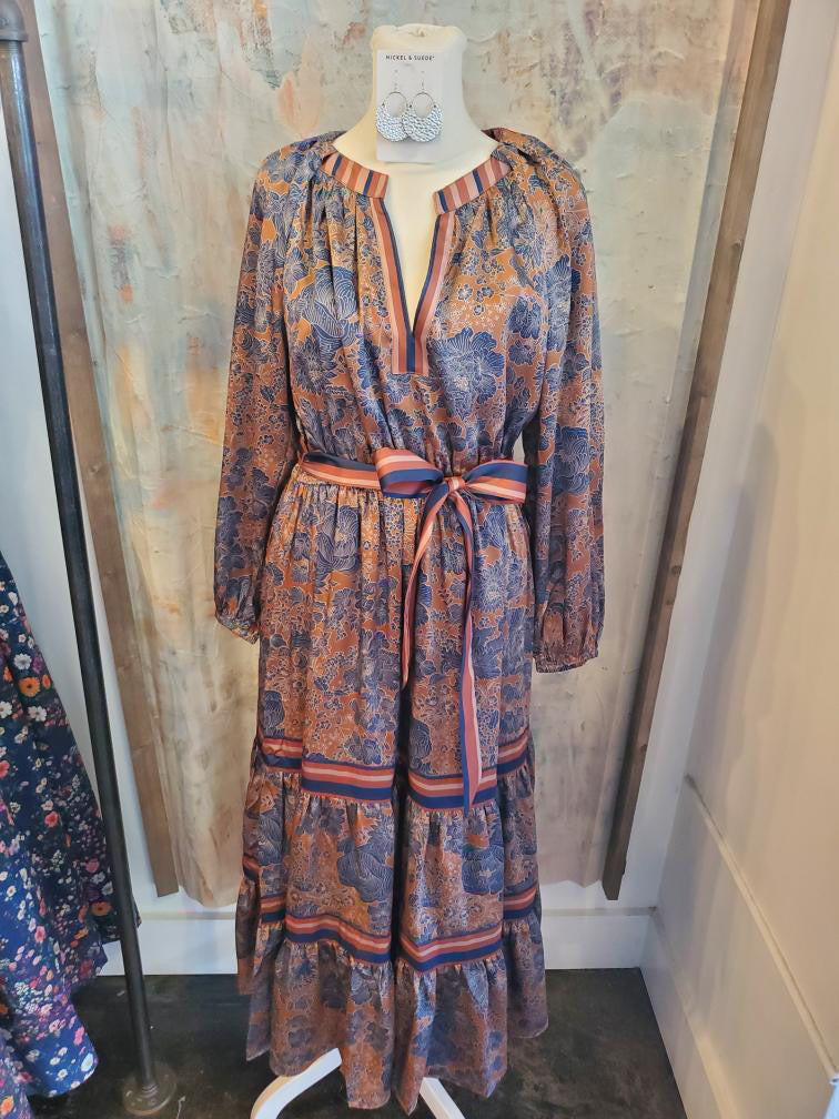 Split Neck Elastic Waist Tiered Long Dress