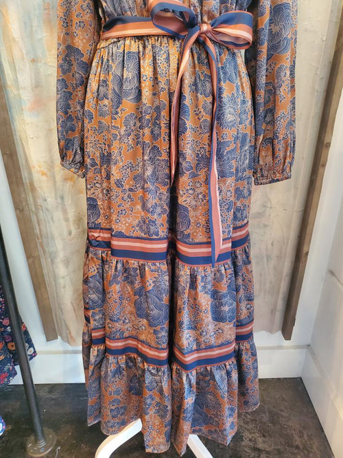 Split Neck Elastic Waist Tiered Long Dress