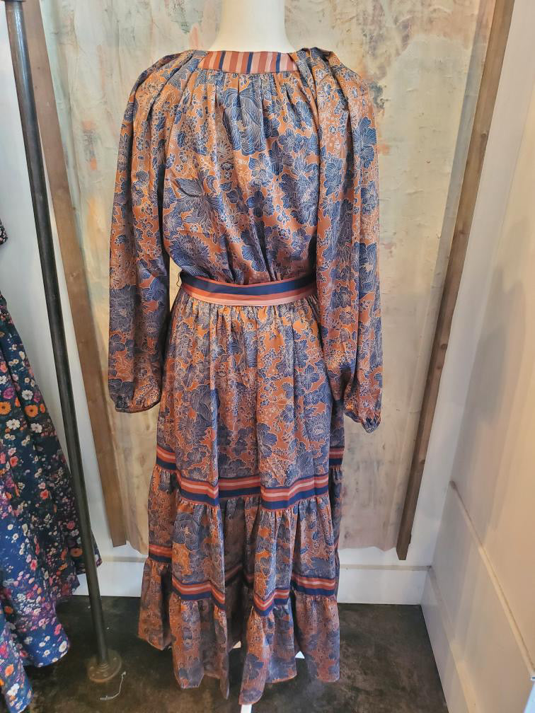 Split Neck Elastic Waist Tiered Long Dress