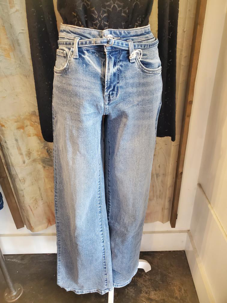 High Rise Wide Built in Belt Denim