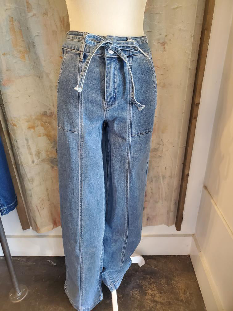 High Rise Wide Denim with Front Seam Detail and Belt