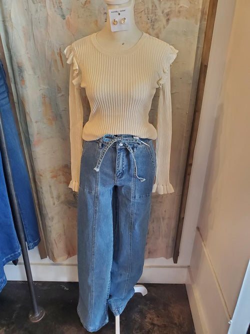 High Rise Wide Denim with Front Seam Detail and Belt
