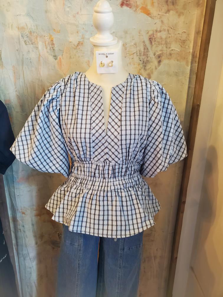 Check Puff Sleeve Blouse
