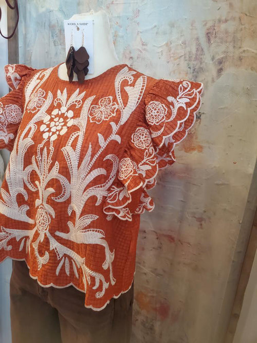 Embroidery Flutter Sleeve Texture Top