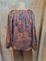 Split Neck Pleated Detail Long Sleeve Blouse