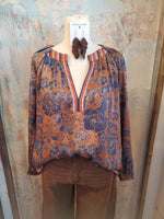 Split Neck Pleated Detail Long Sleeve Blouse