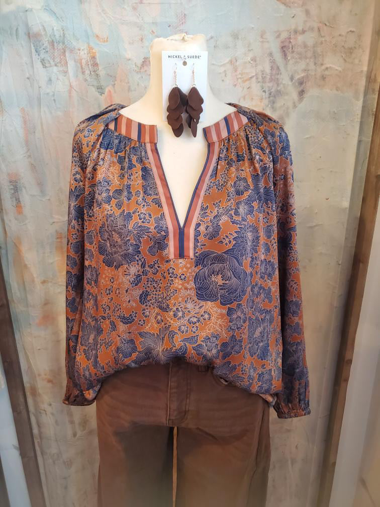 Split Neck Pleated Detail Long Sleeve Blouse
