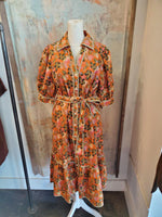 Fall Leaf Print Midi Dress with Pockets