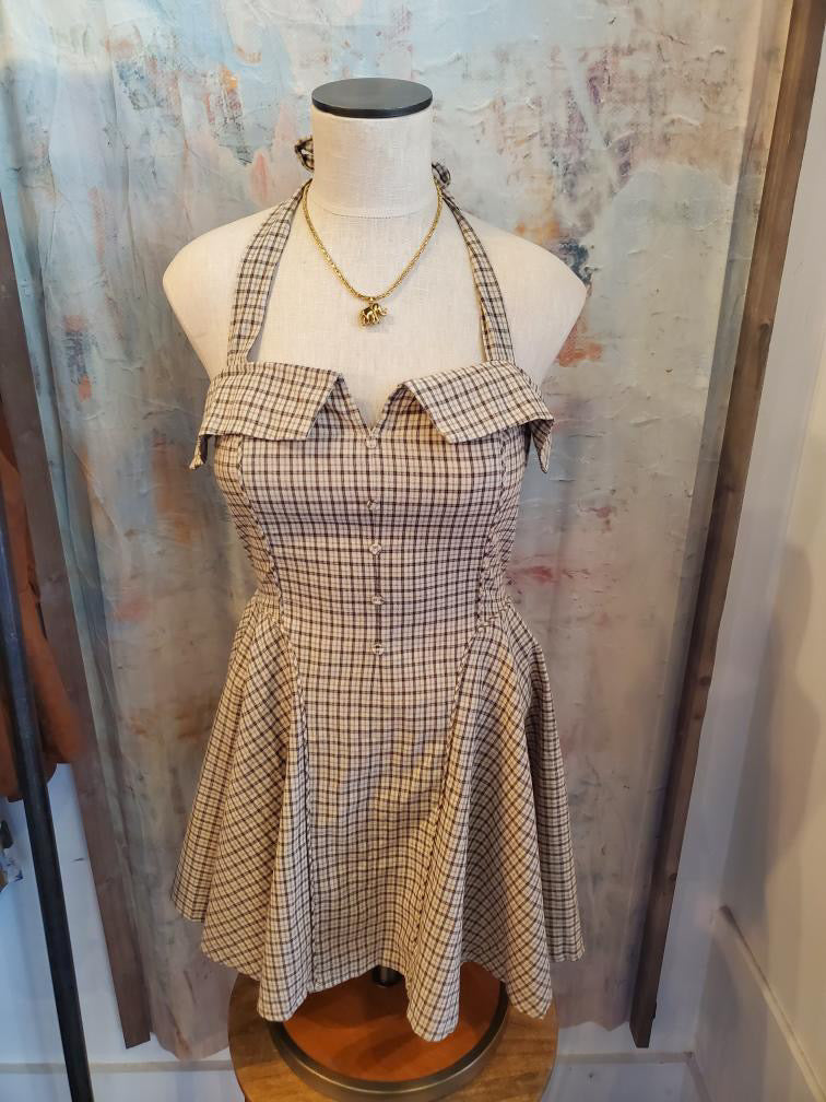 Plaid Halter Dress with Flare Hem Detail