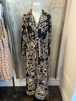 Black Multi Print Shirt Dress with Tie and Pockets