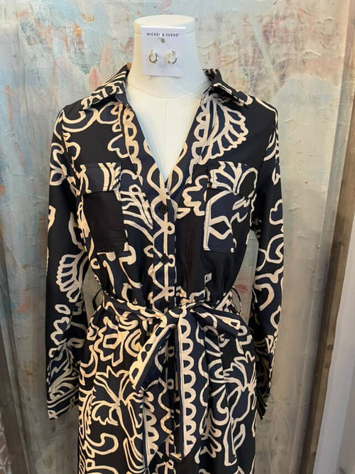 Black Multi Print Shirt Dress with Tie and Pockets