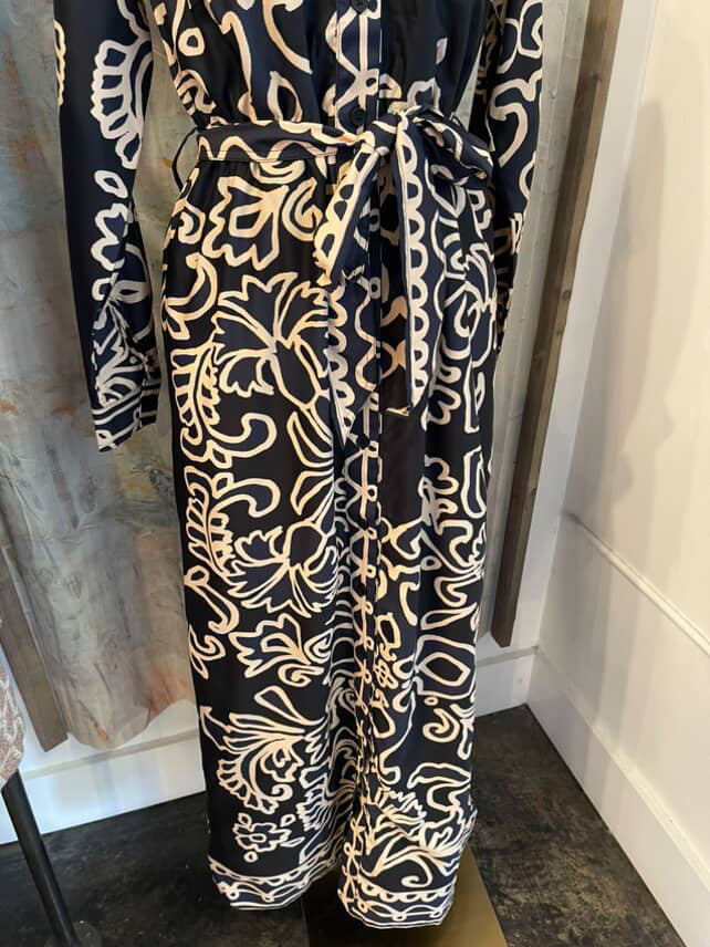 Black Multi Print Shirt Dress with Tie and Pockets