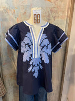 Navy Print Border Detail Top