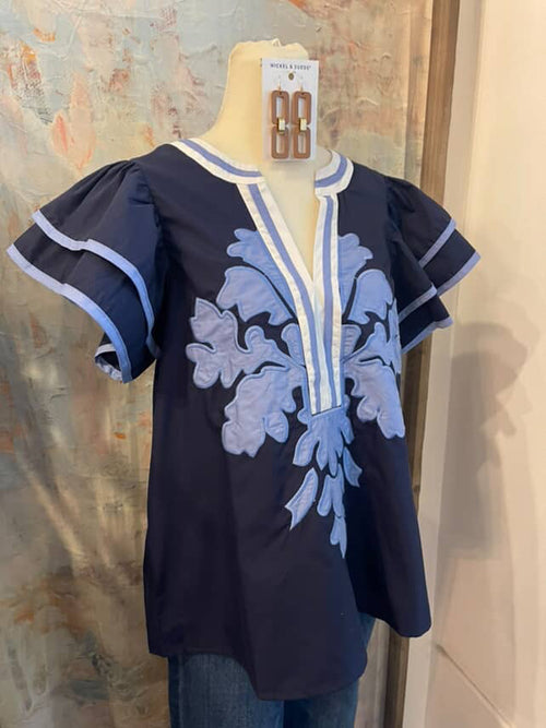Navy Print Border Detail Top