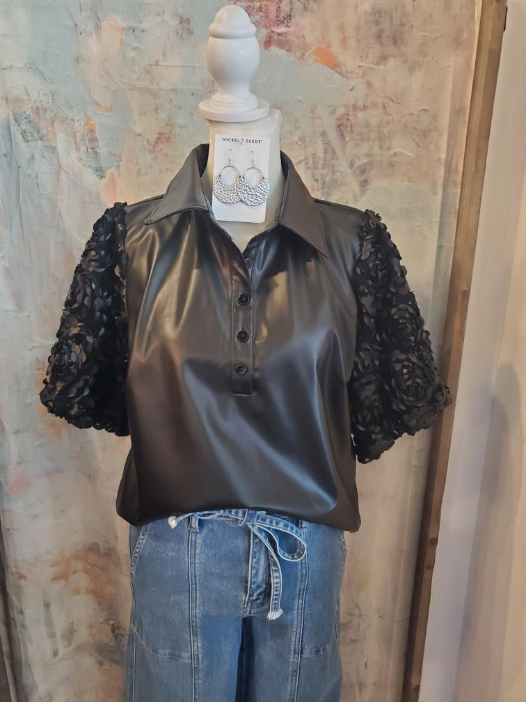 Detail Sleeve Faux Leather Top