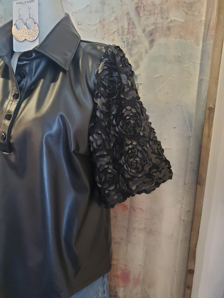 Detail Sleeve Faux Leather Top