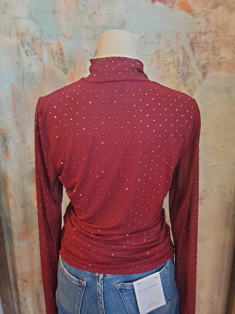 Embellish Mesh Mock Neck Top