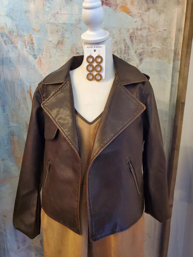 Distressed Faux Leather Brown Jacket