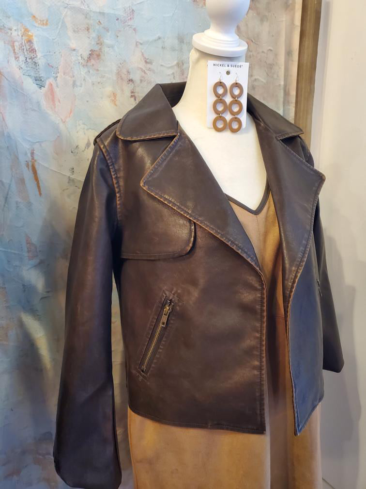 Distressed Faux Leather Brown Jacket