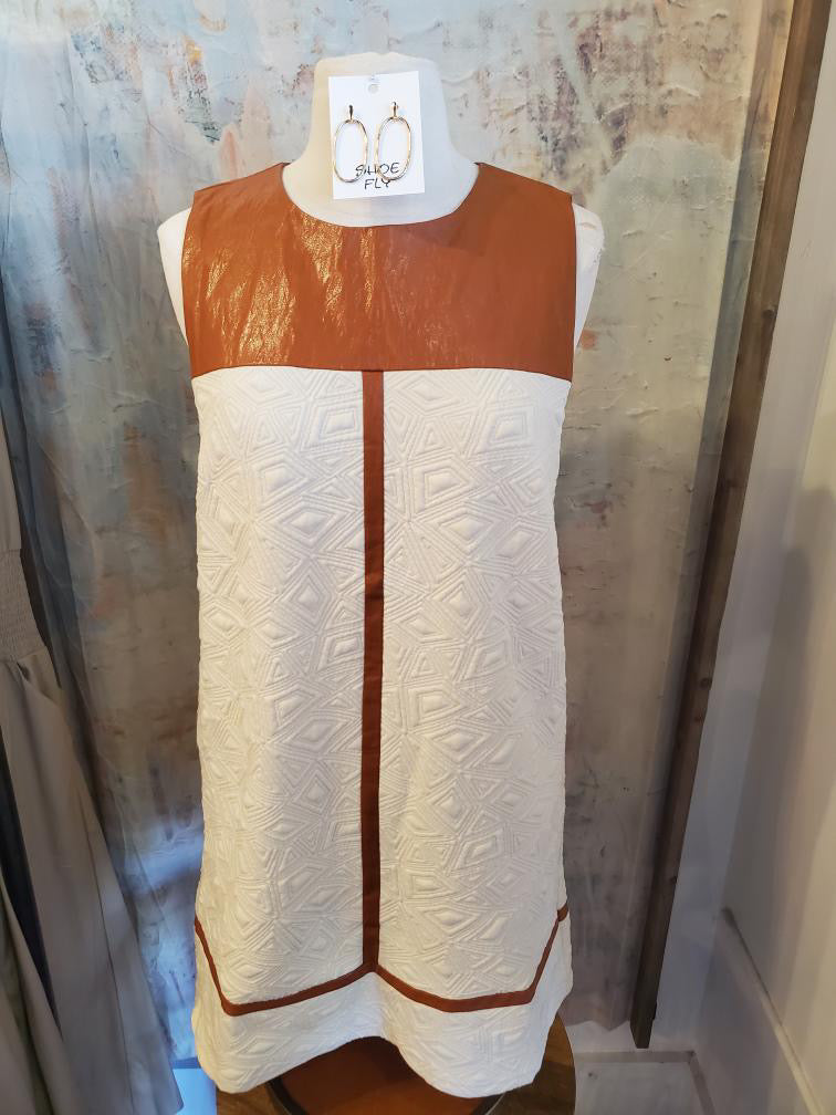 Faux Leather Detail Textured Dress with Pockets