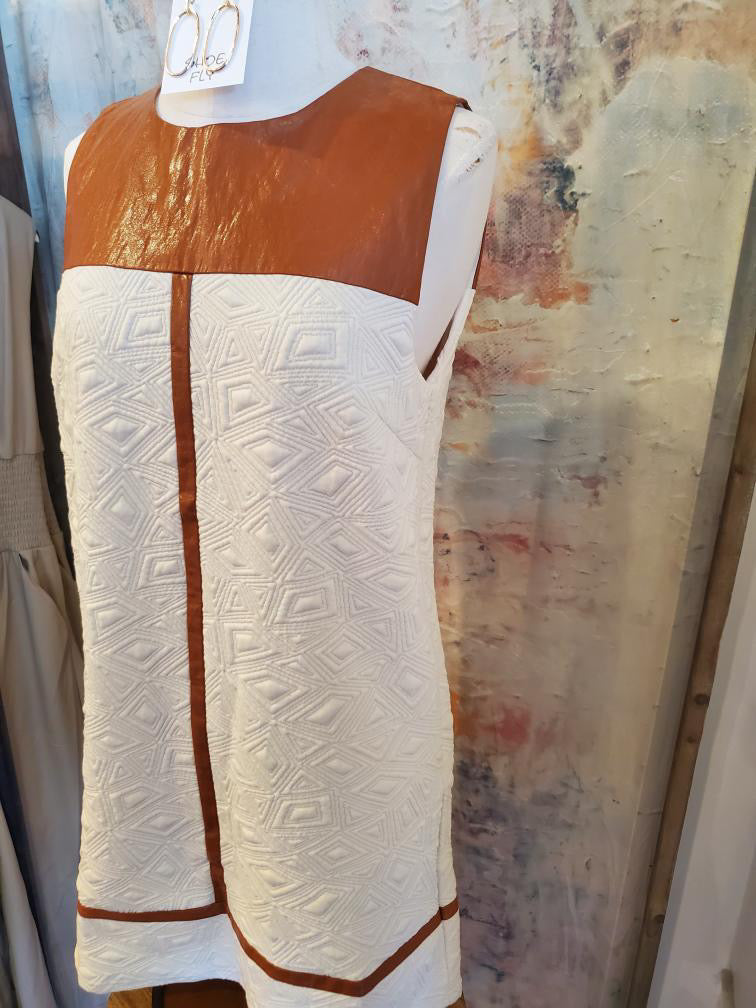 Faux Leather Detail Textured Dress with Pockets