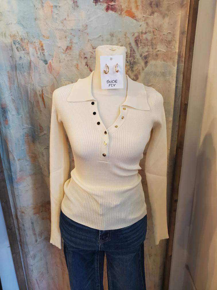 Gold Snap Button Long Sleeve Knit Top