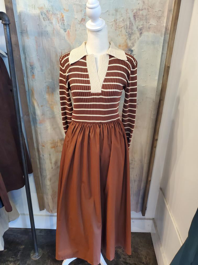 Stripe Long Sleeve Knit Top Midi Dress