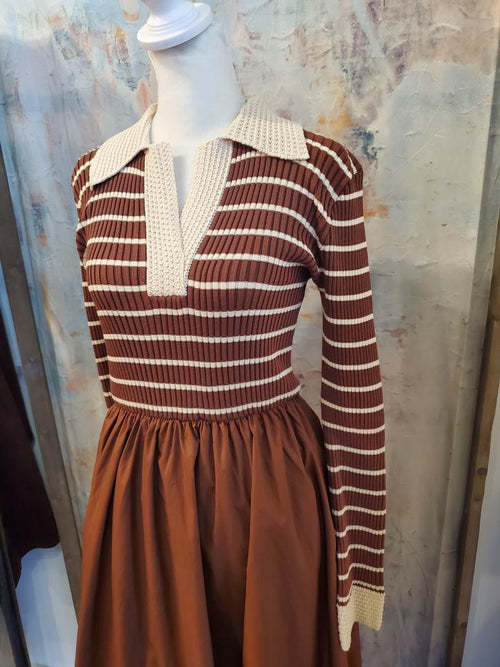 Stripe Long Sleeve Knit Top Midi Dress