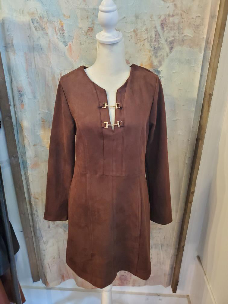 Long Sleeve Suede Dress with Buckle Detail