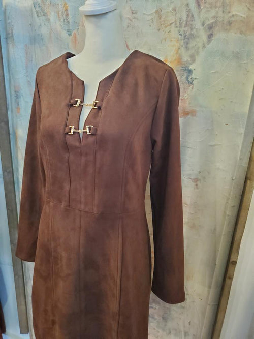 Long Sleeve Suede Dress with Buckle Detail