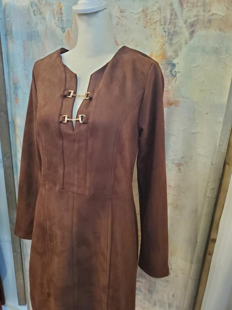 Long Sleeve Suede Dress with Buckle Detail