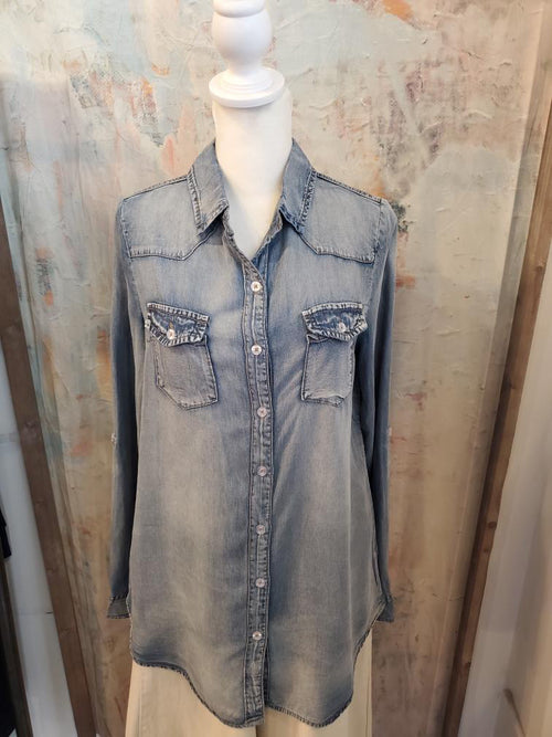 Long Sleeve Roll Up Sleeve Denim Tencel Top