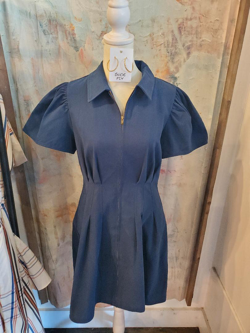 Navy Twill Zip Front Dress