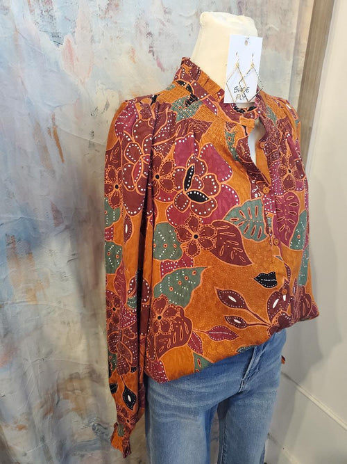 Long Sleeve Rust Brown Button Detail Top