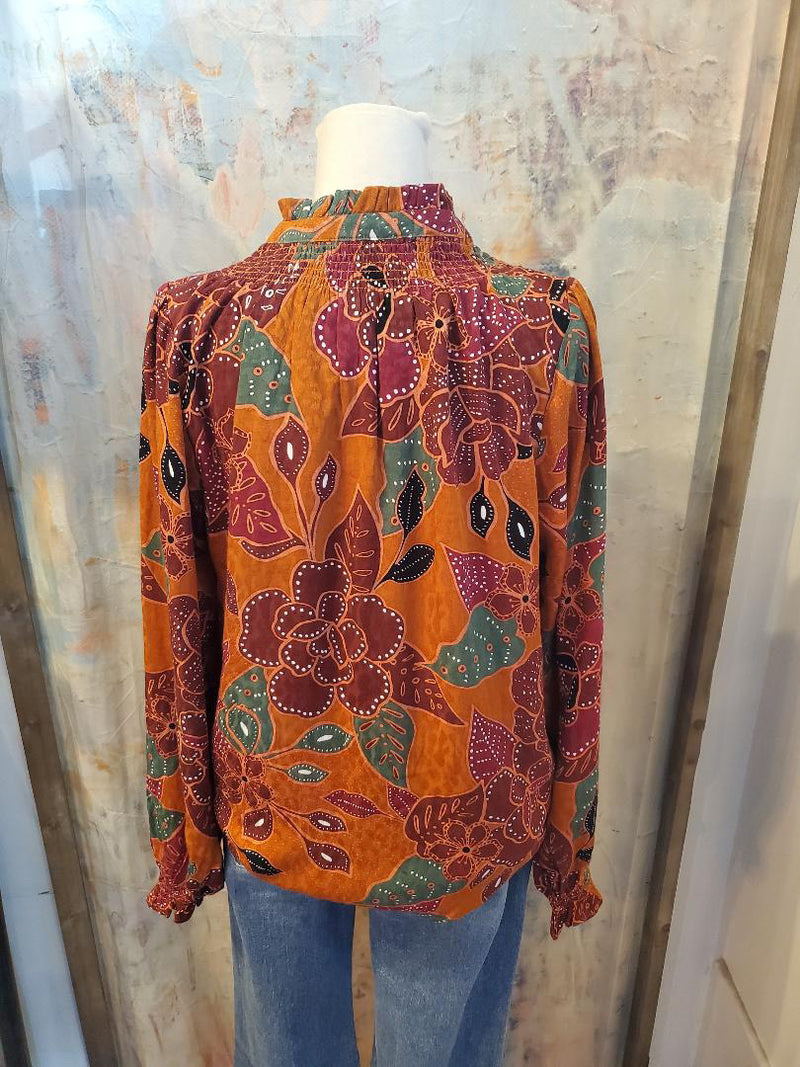 Long Sleeve Rust Brown Button Detail Top