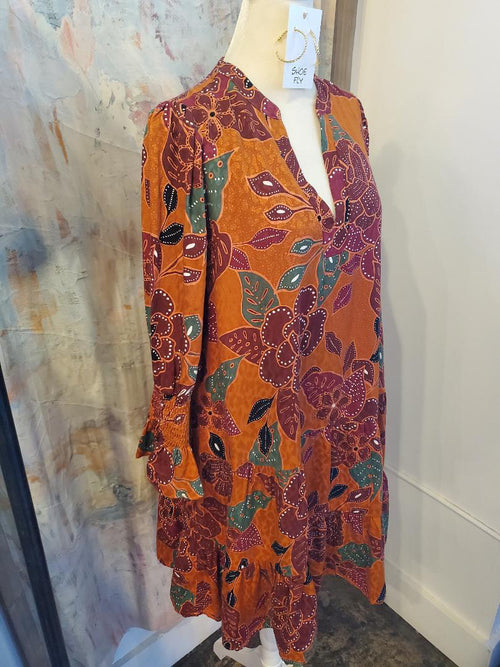 Rust Brown Floral A Line Dress with Pockets