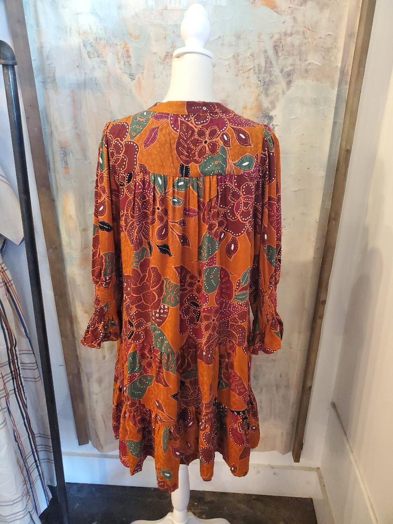 Rust Brown Floral A Line Dress with Pockets
